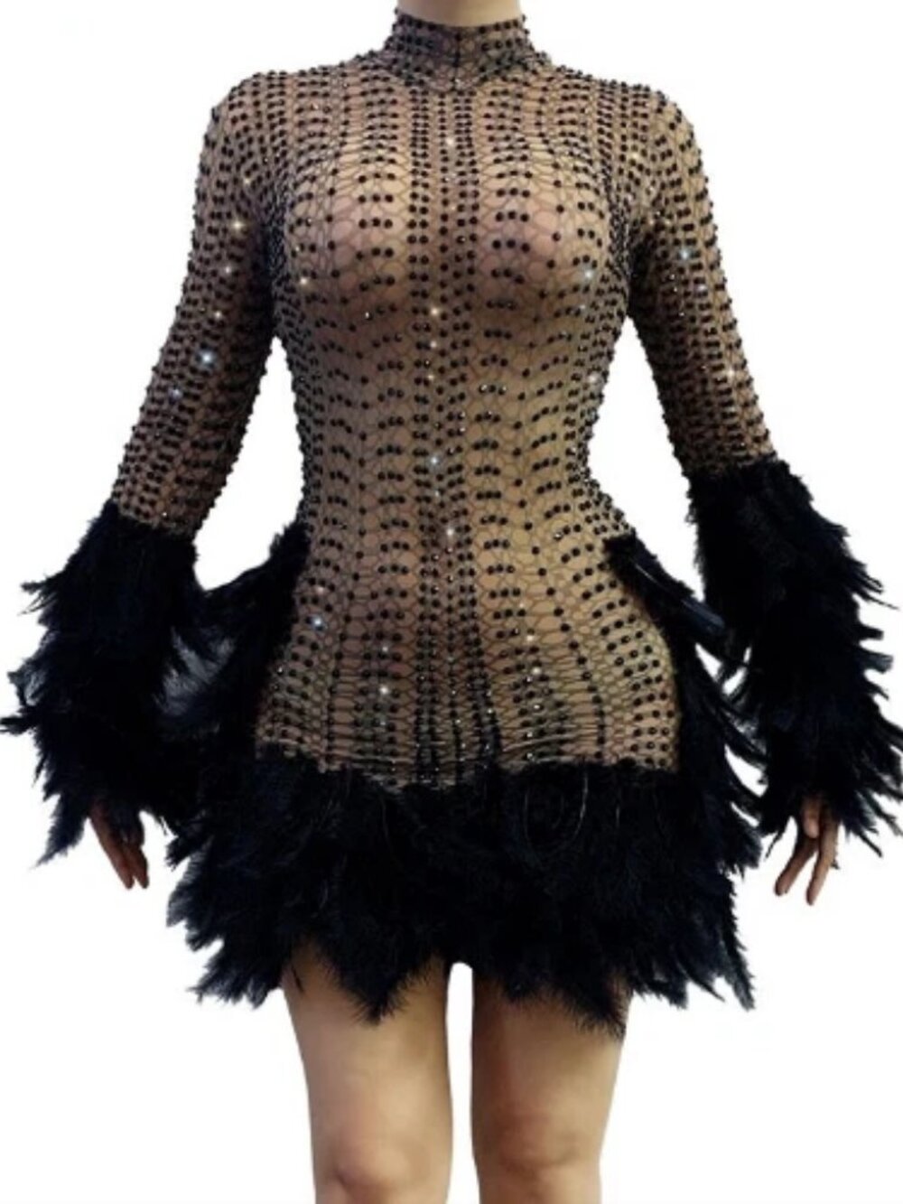 *EUC Black Rhinestone Feather Sheer Latin Ballroom Dance Competition Party Dress